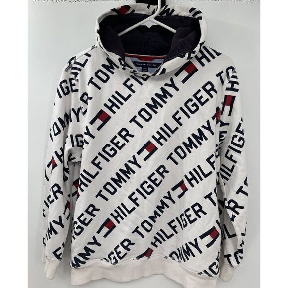 Vintage Boys Large Tommy Hilfiger All Over Logo Hoodie Sweatshirt - Picture 1 of 4